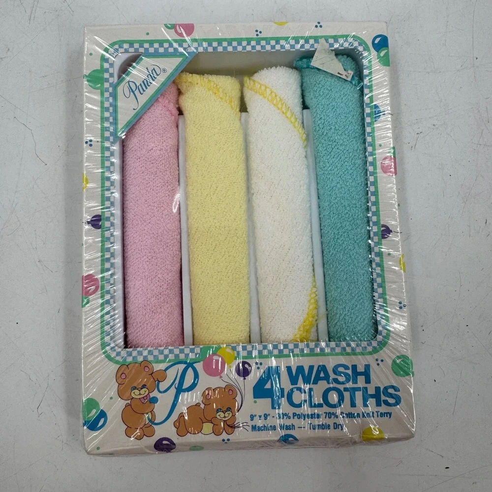 Vintage Panda 4 Wash Cloths‎ Set Pink Yellow White Blue Terry Cloth Baby Toddler